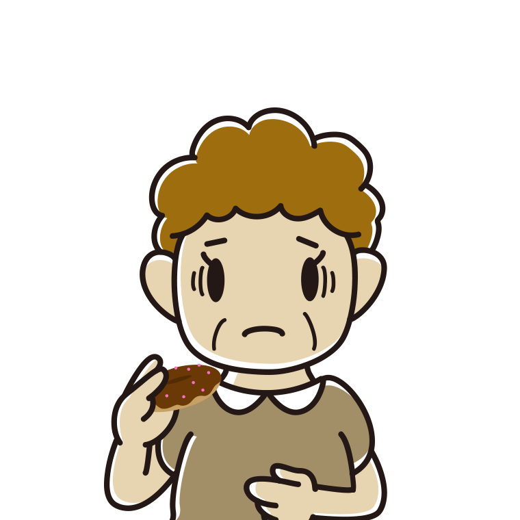 ドーナツで困るおばさんのイラスト【色あり、背景なし】透過PNG