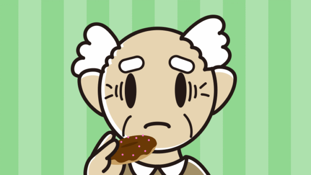 ドーナツで困るおじいさんのイラスト【色、背景あり】PNG