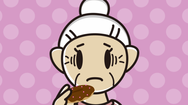 ドーナツで困るおばあさんのイラスト【色、背景あり】PNG