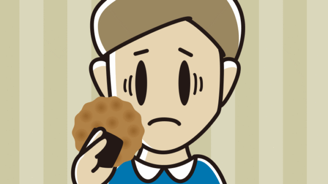 お煎餅で困る男性のイラスト【色、背景あり】PNG