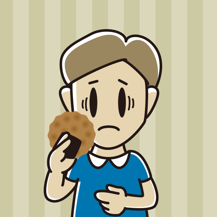 お煎餅で困る男性のイラスト【色、背景あり】PNG