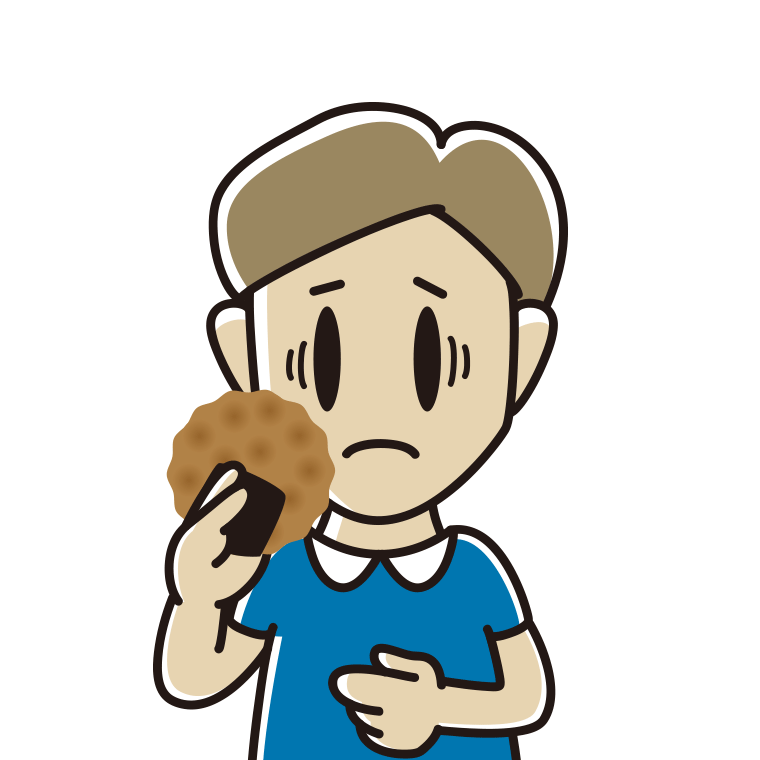 お煎餅で困る男性のイラスト【色あり、背景なし】透過PNG