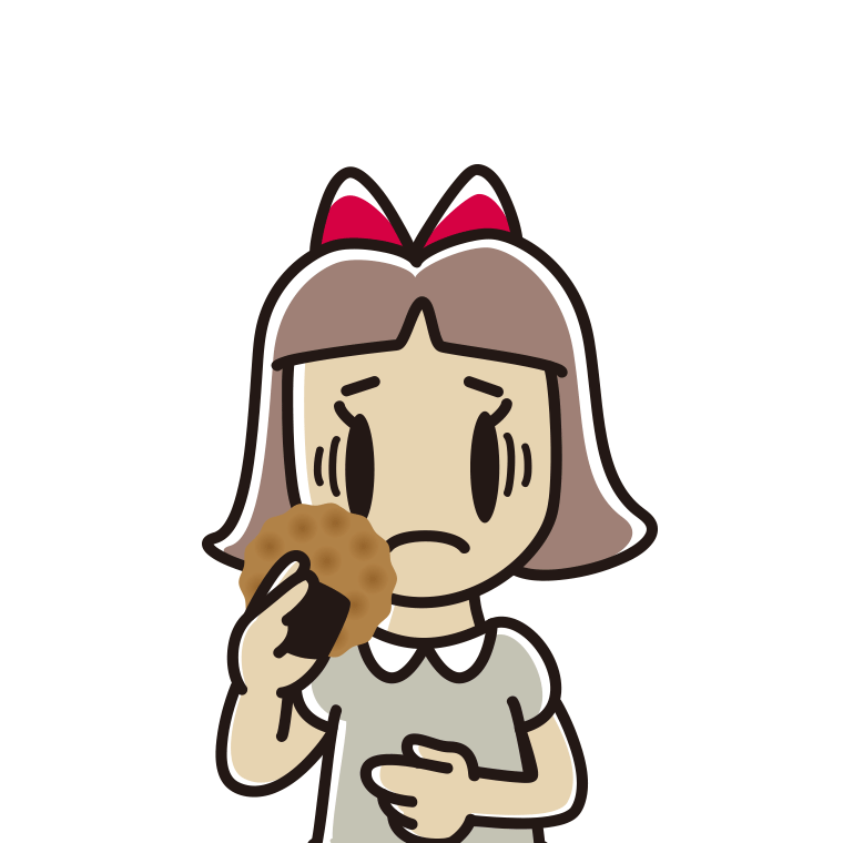 お煎餅で困る小学生女子のイラスト【色あり、背景なし】透過PNG