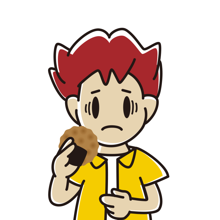 お煎餅で困る男子大学生のイラスト【色あり、背景なし】透過PNG