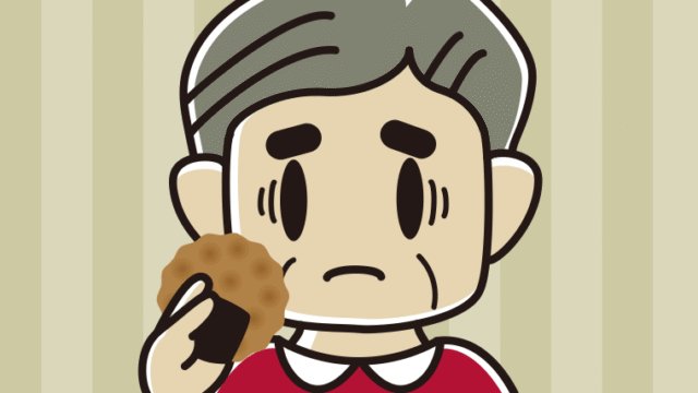 お煎餅で困るおじさんのイラスト【色、背景あり】PNG