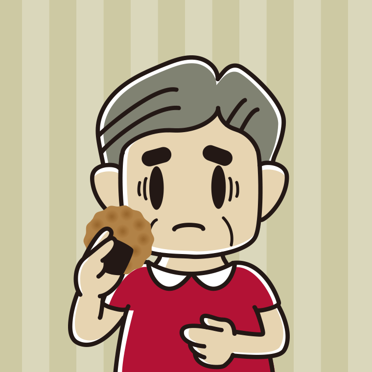 お煎餅で困るおじさんのイラスト【色、背景あり】PNG