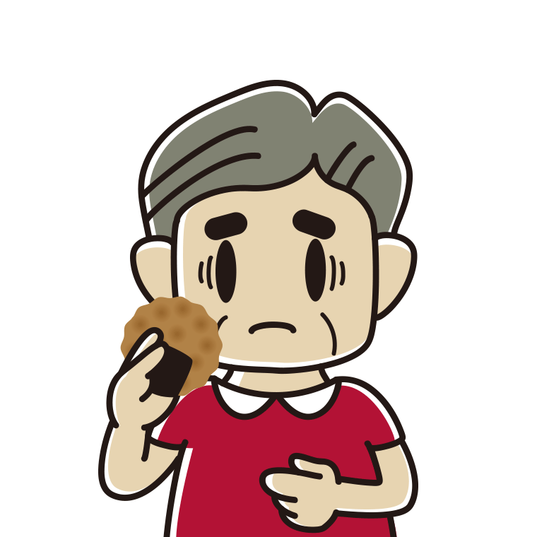 お煎餅で困るおじさんのイラスト【色あり、背景なし】透過PNG