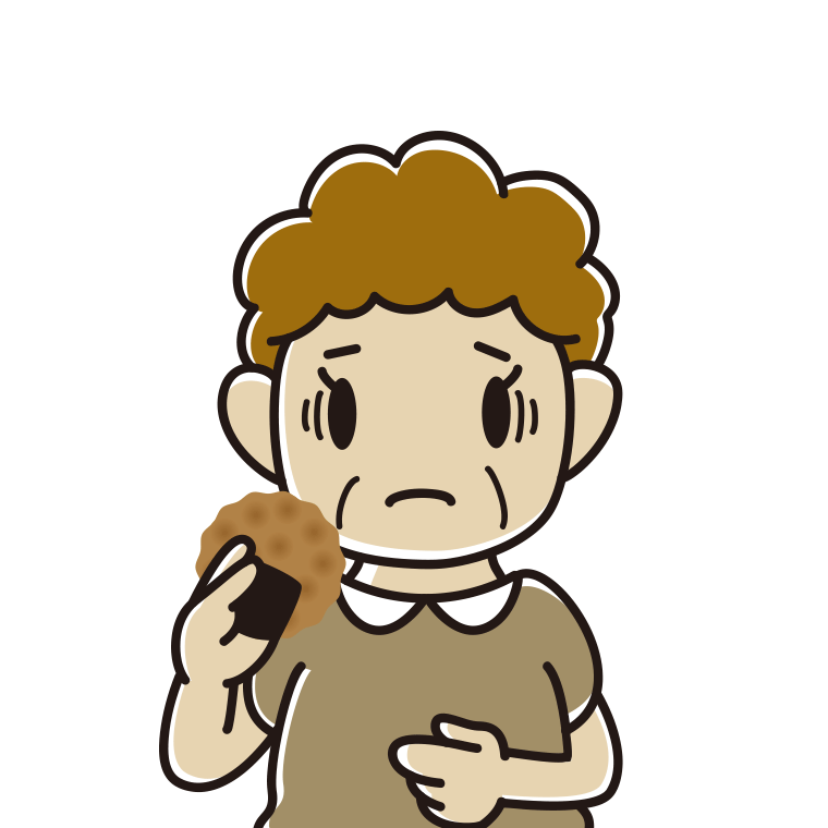 お煎餅で困るおばさんのイラスト【色あり、背景なし】透過PNG