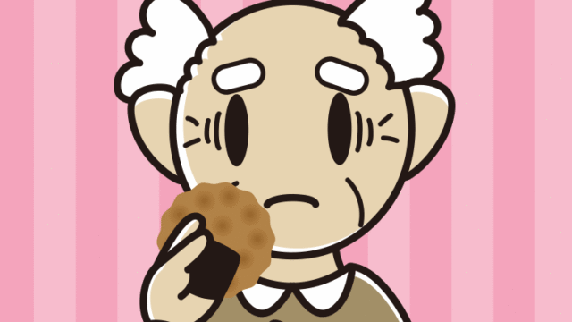 お煎餅で困るおじいさんのイラスト【色、背景あり】PNG