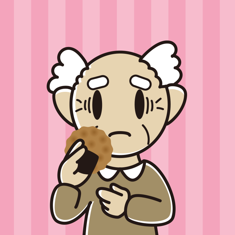 お煎餅で困るおじいさんのイラスト【色、背景あり】PNG