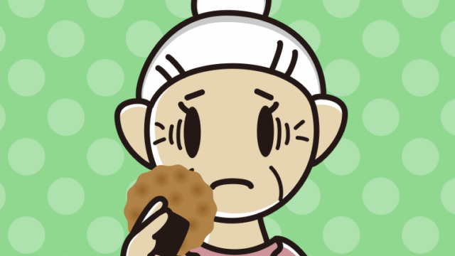 お煎餅で困るおばあさんのイラスト【色、背景あり】PNG