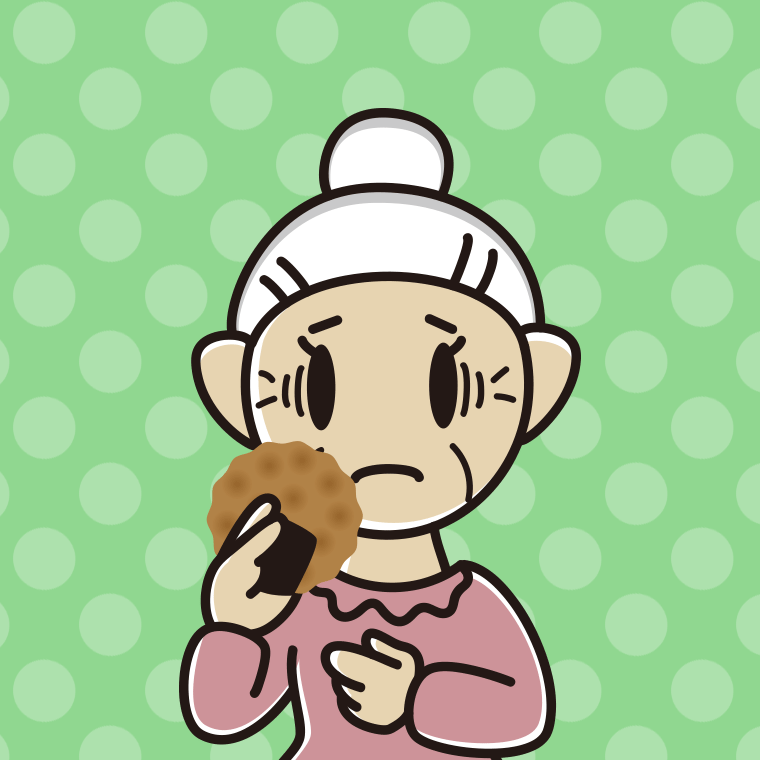 お煎餅で困るおばあさんのイラスト【色、背景あり】PNG