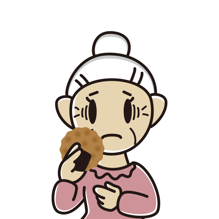 お煎餅で困るおばあさんのイラスト【色あり、背景なし】透過PNG
