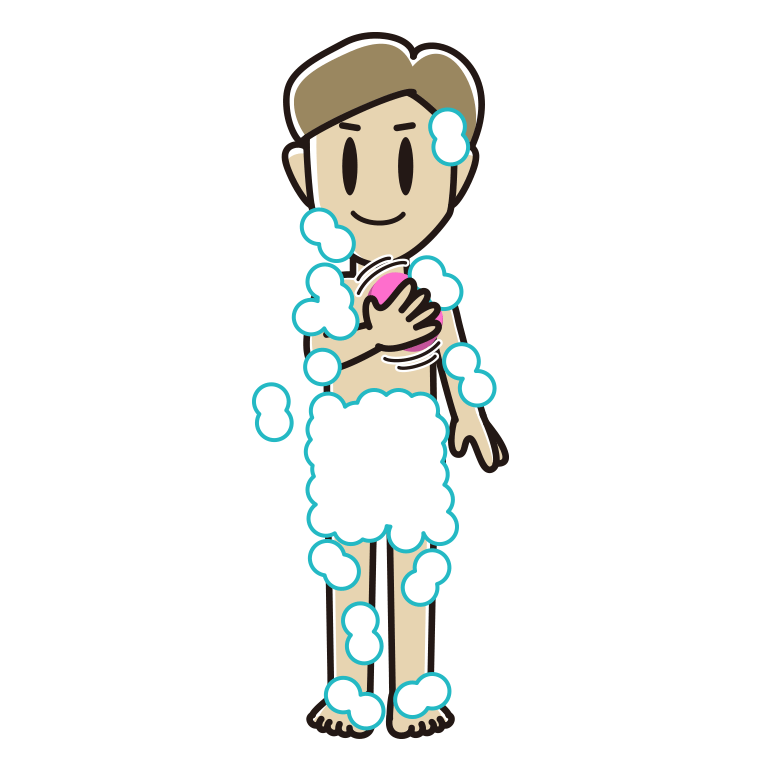 体を洗う男性のイラスト【色あり、背景なし】透過PNG