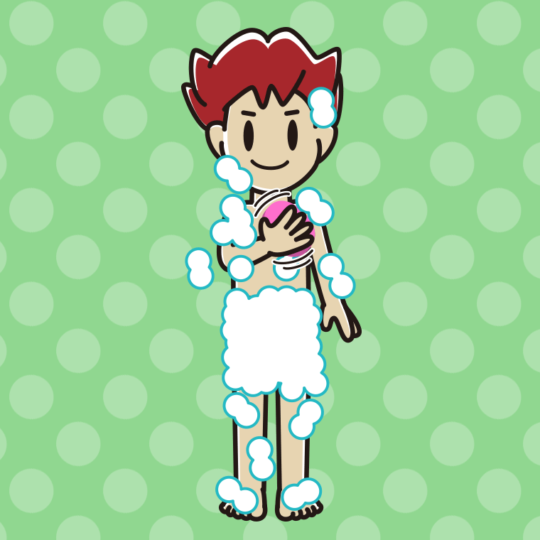 体を洗う男子大学生のイラスト【色、背景あり】PNG