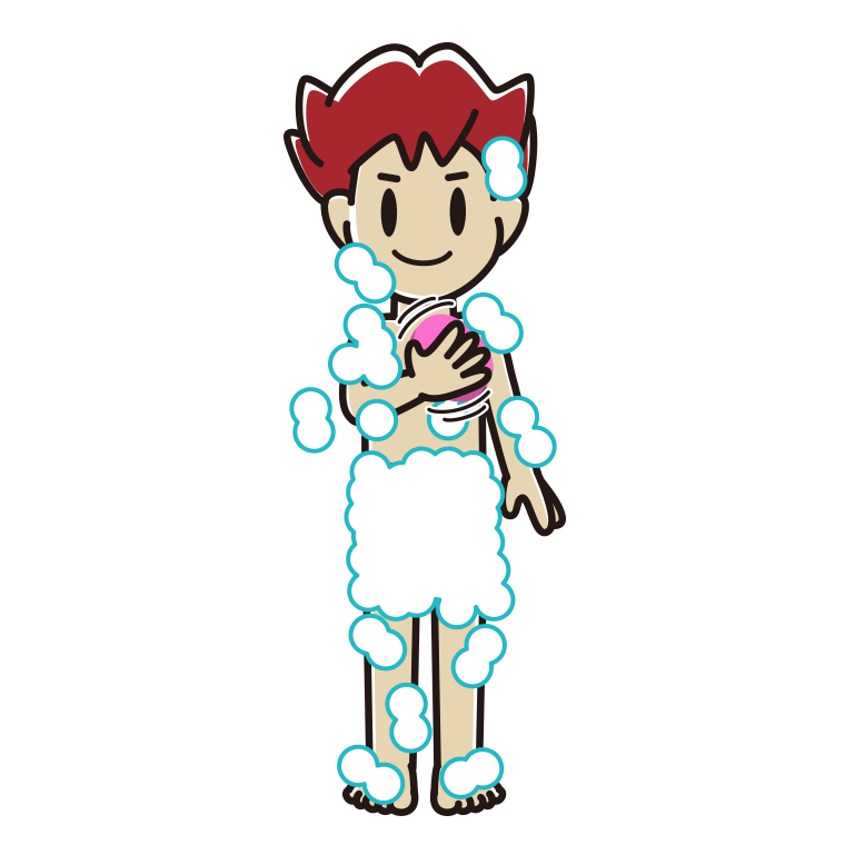 体を洗う男子大学生のイラスト【色あり、背景なし】透過PNG