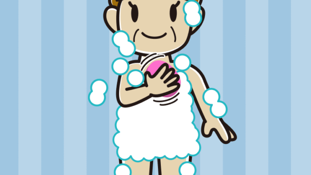 体を洗うおばさんのイラスト【色、背景あり】PNG