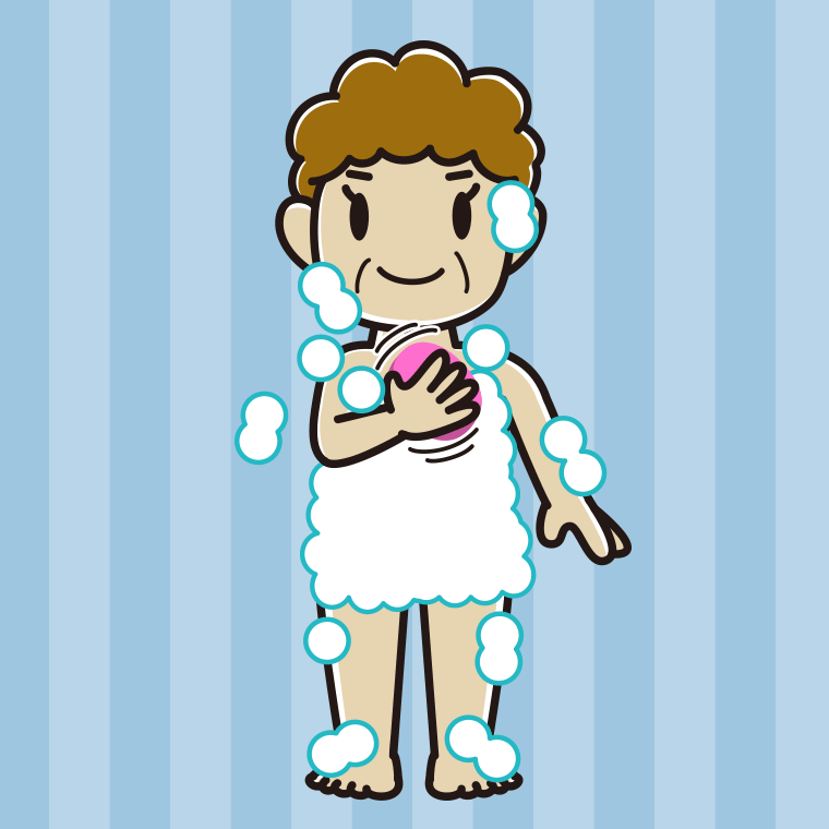 体を洗うおばさんのイラスト【色、背景あり】PNG