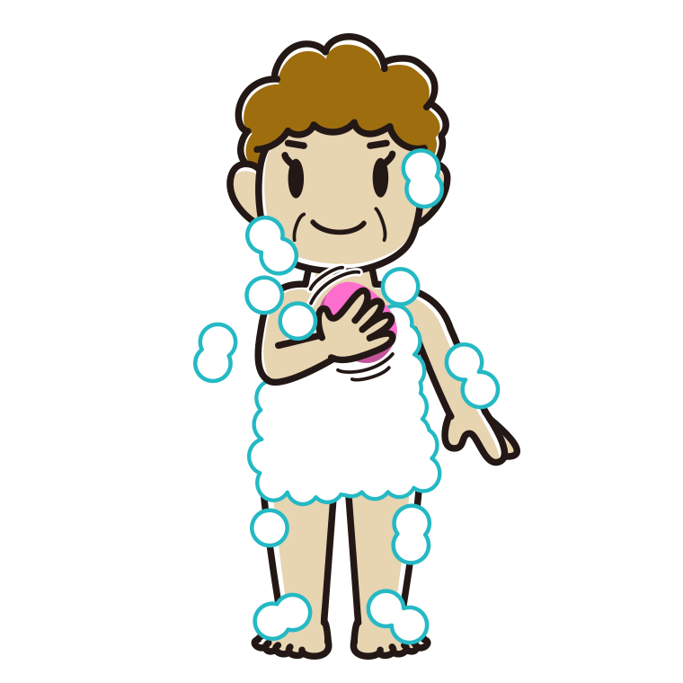 体を洗うおばさんのイラスト【色あり、背景なし】透過PNG