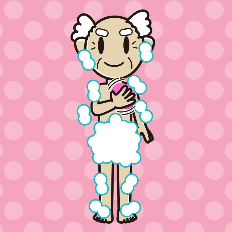 体を洗うおじいさんのイラスト【色、背景あり】PNG