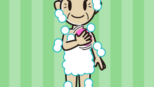 体を洗うおばあさんのイラスト【色、背景あり】PNG