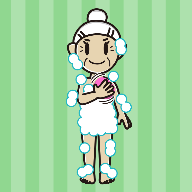 体を洗うおばあさんのイラスト【色、背景あり】PNG