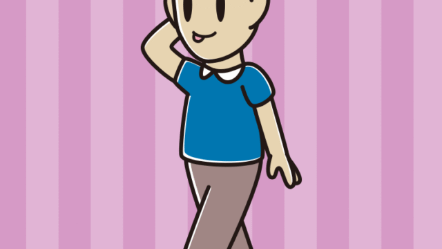 歩いていてテヘヘな男性のイラスト【色、背景あり】PNG