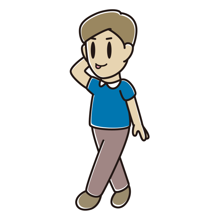 歩いていてテヘヘな男性のイラスト【色あり、背景なし】透過PNG