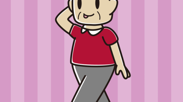 歩いていてテヘヘなおじさんのイラスト【色、背景あり】PNG