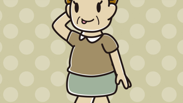 歩いていてテヘヘなおばさんのイラスト【色、背景あり】PNG