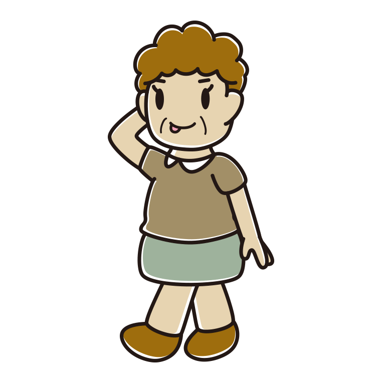 歩いていてテヘヘなおばさんのイラスト【色あり、背景なし】透過PNG