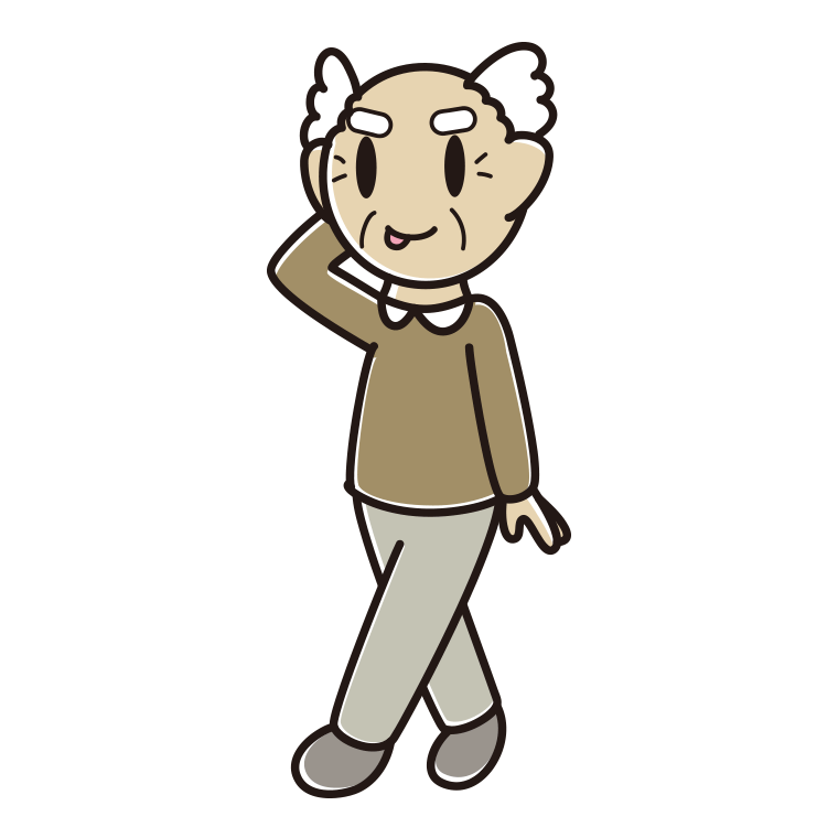 歩いていてテヘヘなおじいさんのイラスト【色あり、背景なし】透過PNG