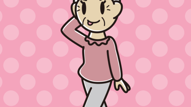 歩いていてテヘヘなおばあさんのイラスト【色、背景あり】PNG