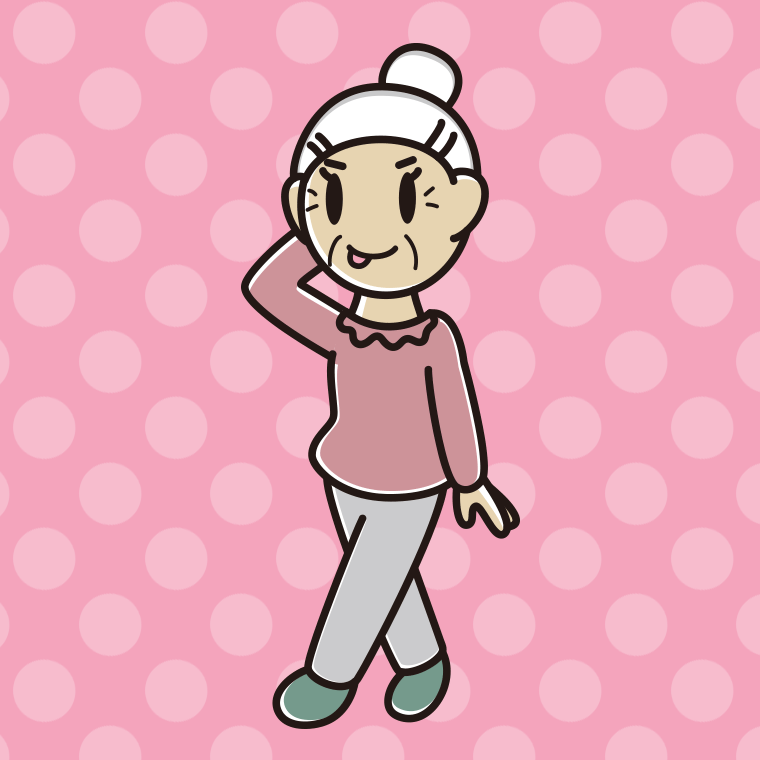 歩いていてテヘヘなおばあさんのイラスト【色、背景あり】PNG