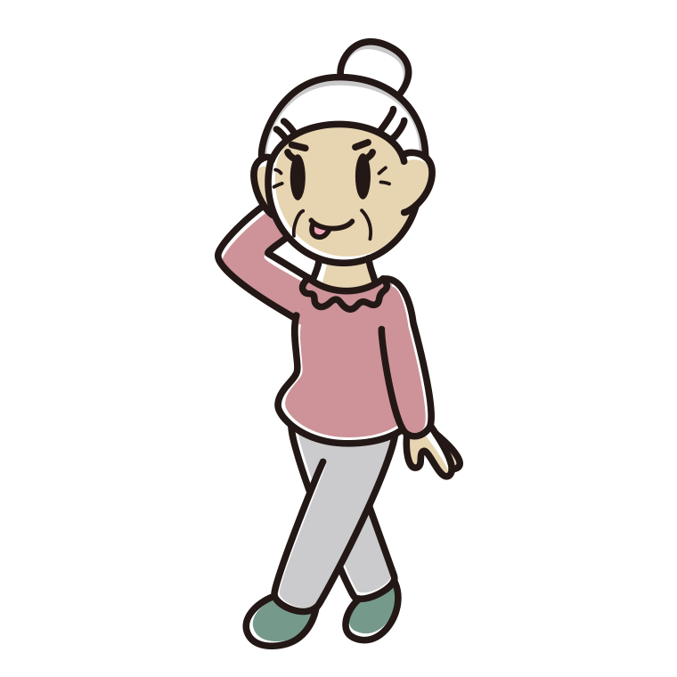 歩いていてテヘヘなおばあさんのイラスト【色あり、背景なし】透過PNG