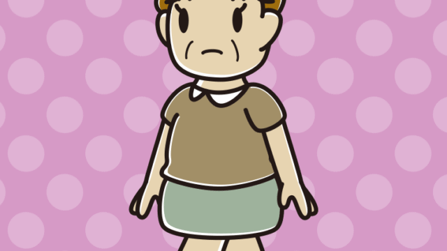 歩いていて何かに気付くおばさんのイラスト【色、背景あり】PNG