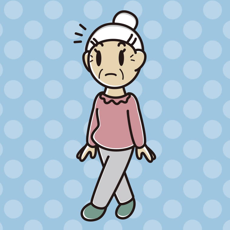 歩いていて何かに気付くおばあさんのイラスト【色、背景あり】PNG