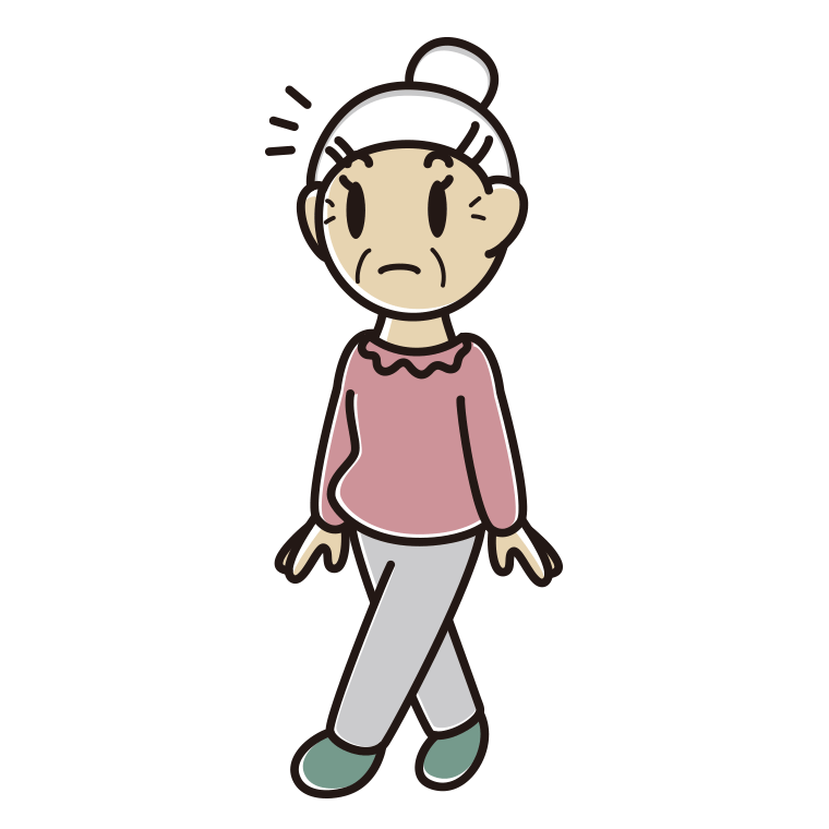 歩いていて何かに気付くおばあさんのイラスト【色あり、背景なし】透過PNG