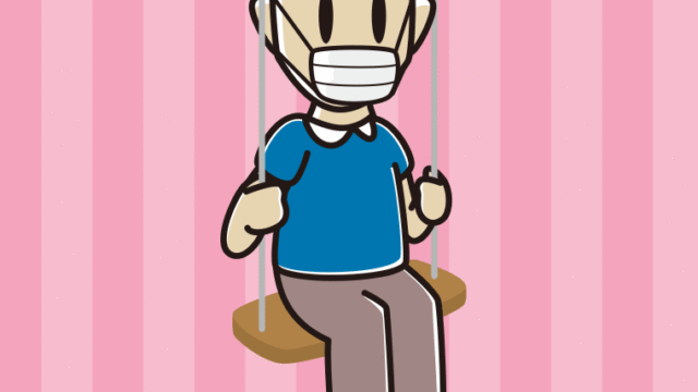 ブランコでマスクをする男性のイラスト【色、背景あり】PNG