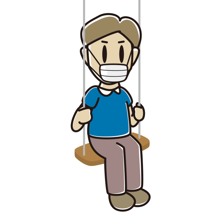 ブランコでマスクをする男性のイラスト【色あり、背景なし】透過PNG