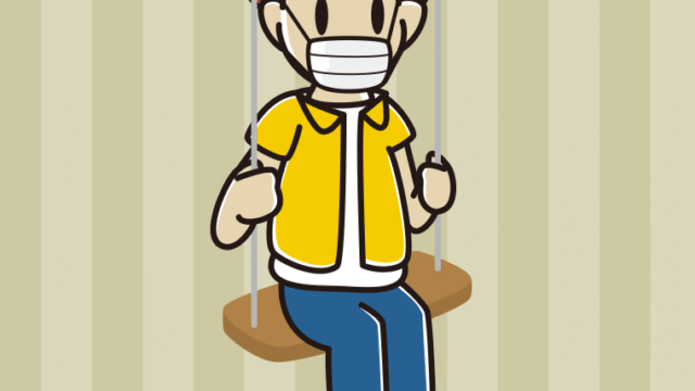 ブランコでマスクをする男子大学生のイラスト【色、背景あり】PNG