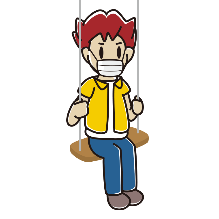 ブランコでマスクをする男子大学生のイラスト【色あり、背景なし】透過PNG