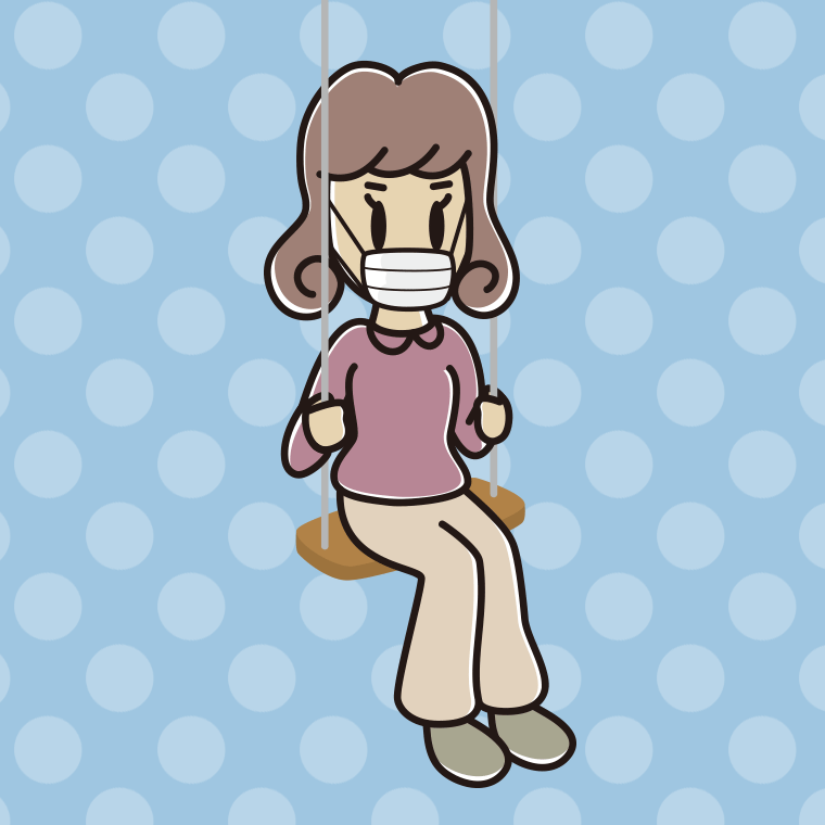 ブランコでマスクをする女子大学生のイラスト【色、背景あり】PNG