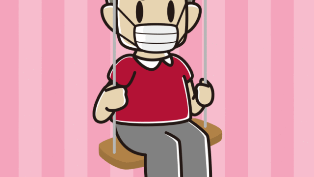 ブランコでマスクをするおじさんのイラスト【色、背景あり】PNG