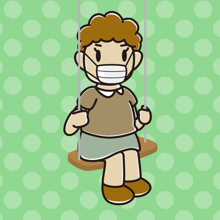 ブランコでマスクをするおばさんのイラスト【色、背景あり】PNG