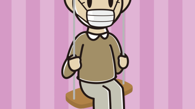 ブランコでマスクをするおじいさんのイラスト【色、背景あり】PNG