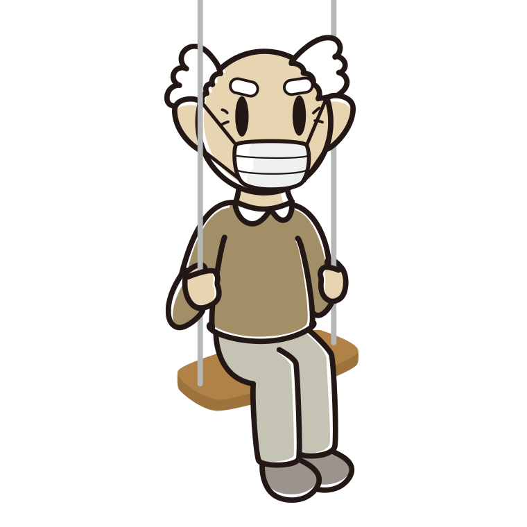 ブランコでマスクをするおじいさんのイラスト【色あり、背景なし】透過PNG