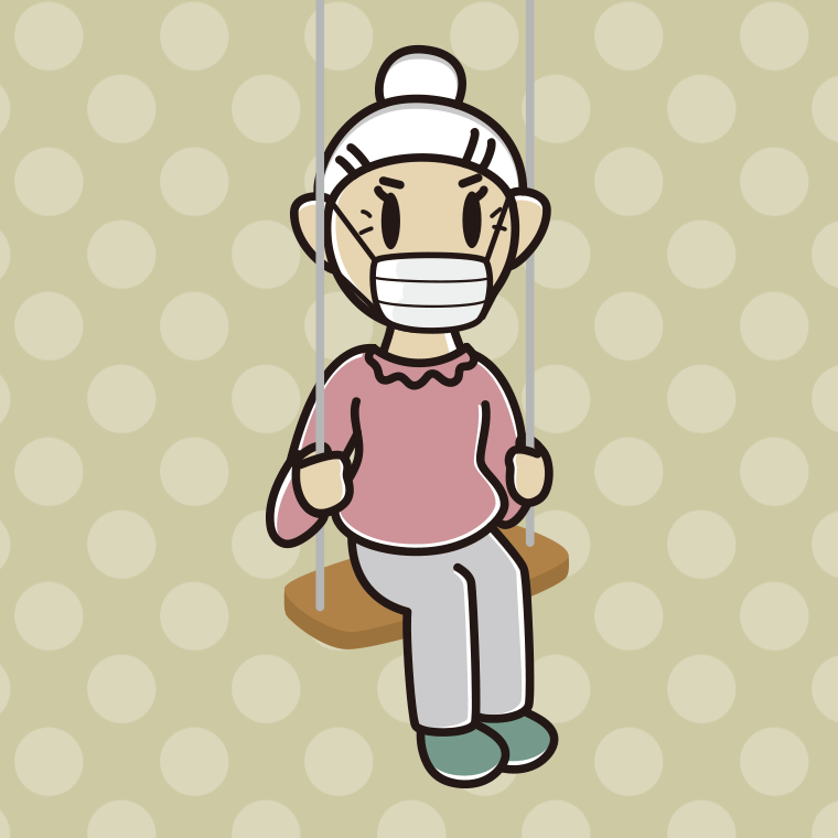 ブランコでマスクをするおばあさんのイラスト【色、背景あり】PNG