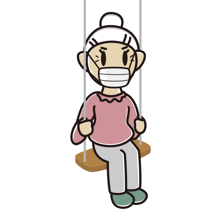 ブランコでマスクをするおばあさんのイラスト【色あり、背景なし】透過PNG