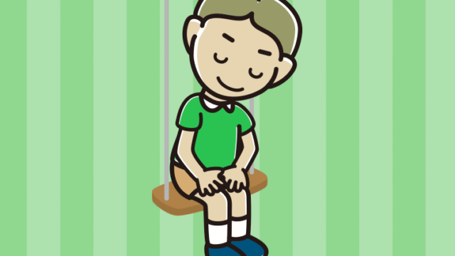 ブランコでお辞儀する小学生男子のイラスト【色、背景あり】PNG